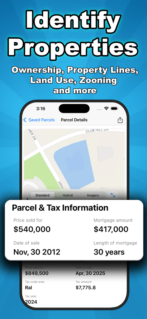 Property Survey GPS - Property Survey GPS app interface displaying parcel boundaries and detailed tax information including sale price and mortgage history