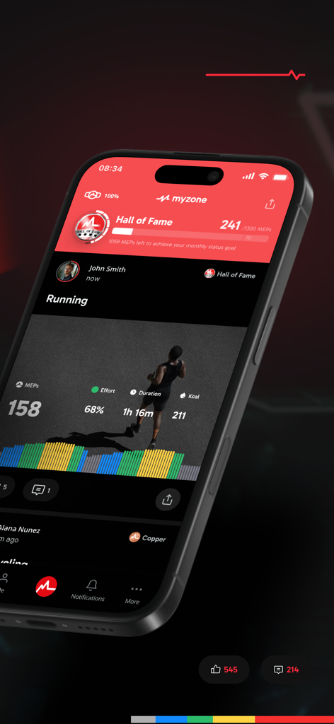 Myzone | Make movement count - Myzone app interface showing running workout summary with MEPs and effort percentage graph