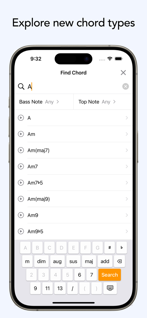 ChordMate 4 - Search interface in ChordMate 4 app displaying a list of A chord variations for guitar.