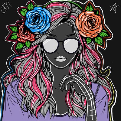 realistic girl with roses in hair and sunglasses