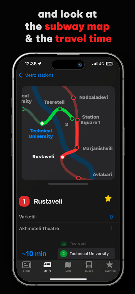 Subway map and estimated travel time display within the Tbilisi Bus App interface