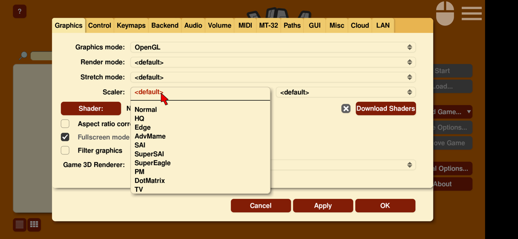 Il menu delle impostazioni grafiche in ScummVM che mostra un elenco a discesa di opzioni di scaling per giochi retrò