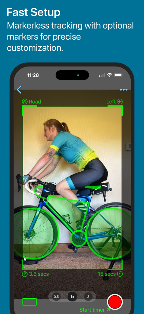 Interfaz de la aplicación Bike Fast Fit Pro que muestra seguimiento IA sin marcadores para un ajuste preciso de la bicicleta