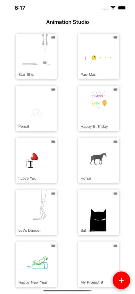 Animation Studio – FlipBook - Una vista de galería de varios proyectos de animación dentro de la aplicación Animation Studio FlipBook