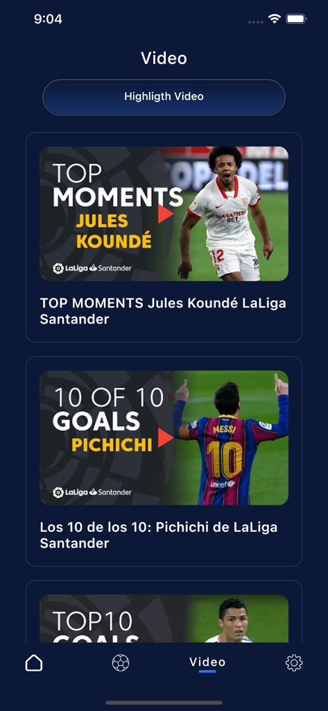 OneFootball Live Matches - OneFootball app interface displaying a list of soccer match highlights and top player moments.