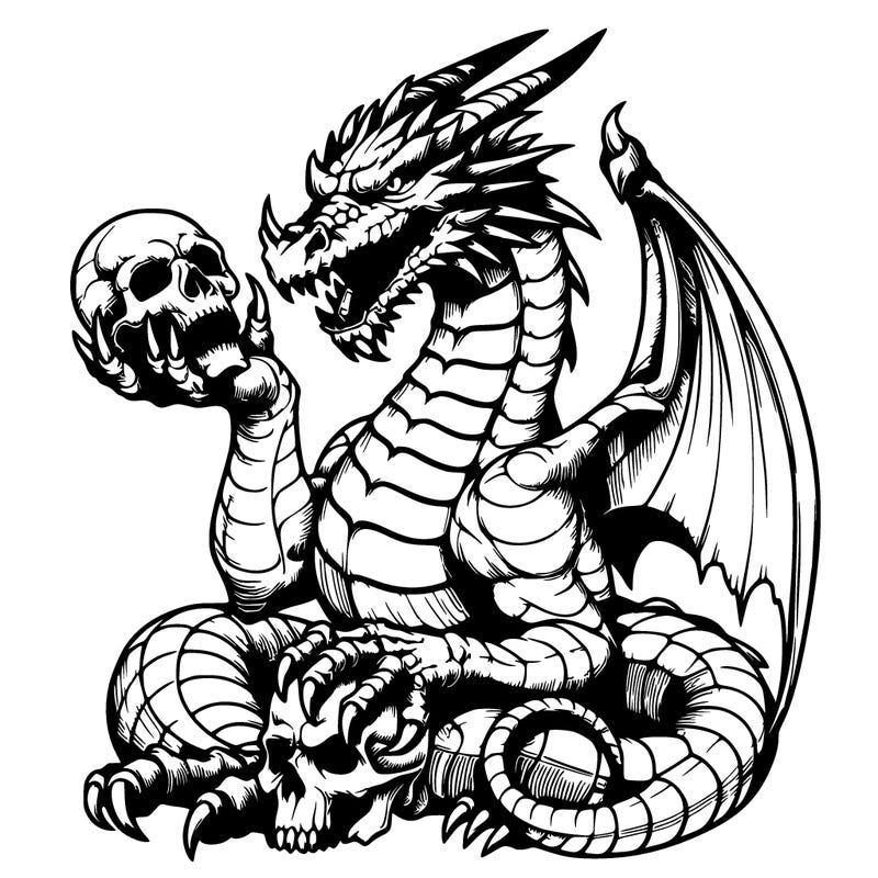 realistic dragon holding a skull in its claw