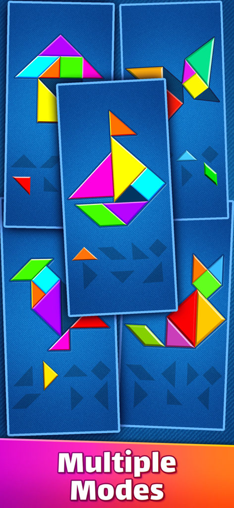 Eine Sammlung bunter Tangram-Rätsel, die verschiedene Formen wie ein Boot und eine Katze zeigen, um mehrere Spielmodi zu illustrieren