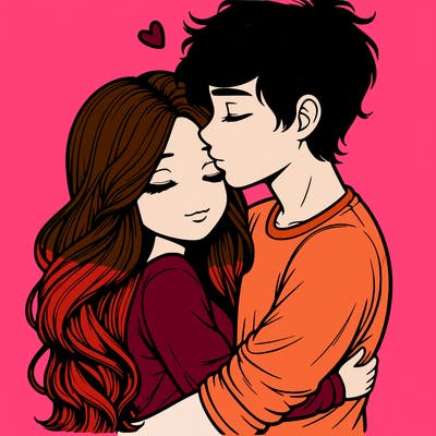 a realistic couple boy and girl hugging and kissing