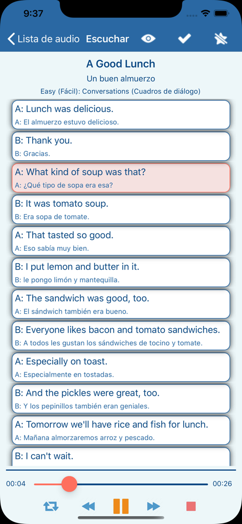English Speaking Listening Pro - A screen showing a dialogue in English with Spanish translations and audio playback controls for language learning.