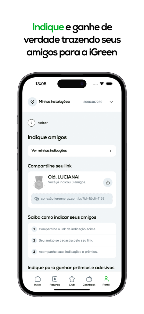 A mobile interface for the iGreen Club app showing the refer and earn rewards page with a unique sharing link and instructions.