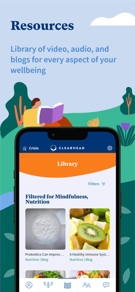 Clearhead - Clearhead app library screen displaying mental health and nutrition resources.