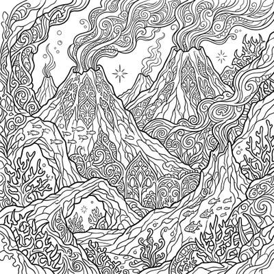 Explore the dramatic beauty of the deep sea with this unique Gothic submarine volcanoes coloring page. Its intricate designs and mysterious atmosphere offer an engaging escape for adult and teen colorists.