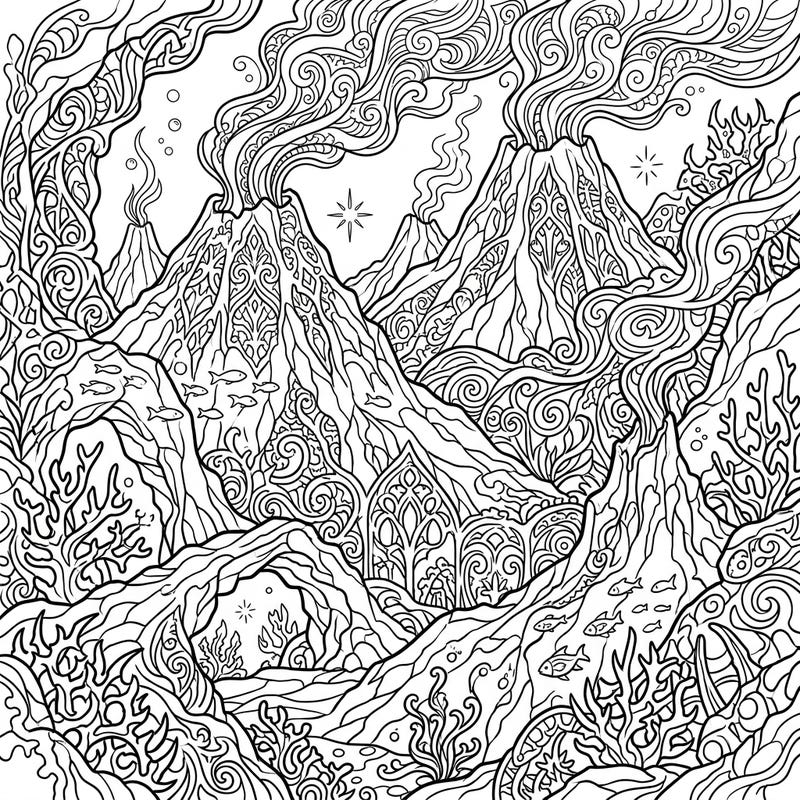 Explore the dramatic beauty of the deep sea with this unique Gothic submarine volcanoes coloring page. Its intricate designs and mysterious atmosphere offer an engaging escape for adult and teen colorists.