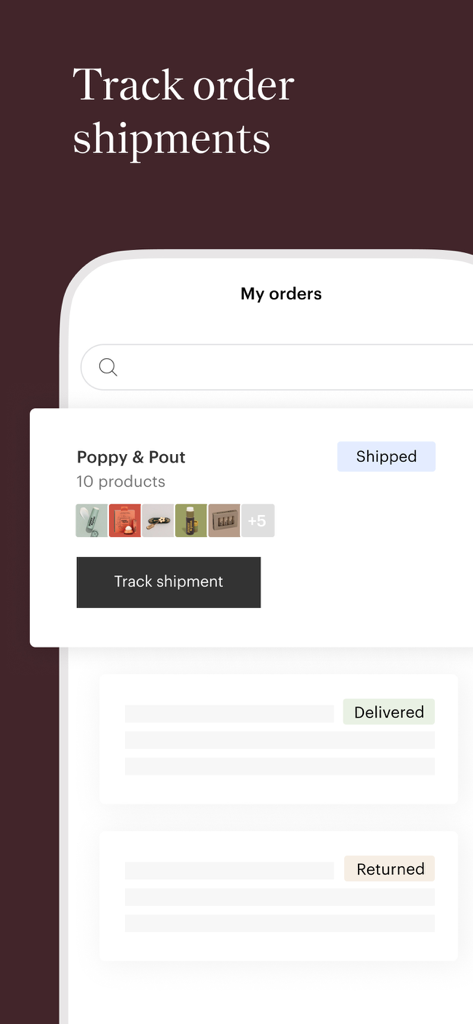 Mobile screen of the Faire Wholesale app showing the order tracking interface with shipped and delivered statuses