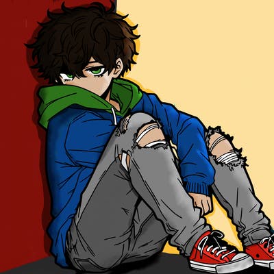 a male hoddie ripped jeans messy hair anime