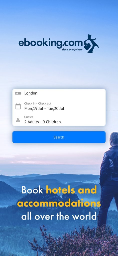 Booking Hotels with eBooking - Mobile app search interface for eBooking showing hotel destination and date selection over a mountain landscape background
