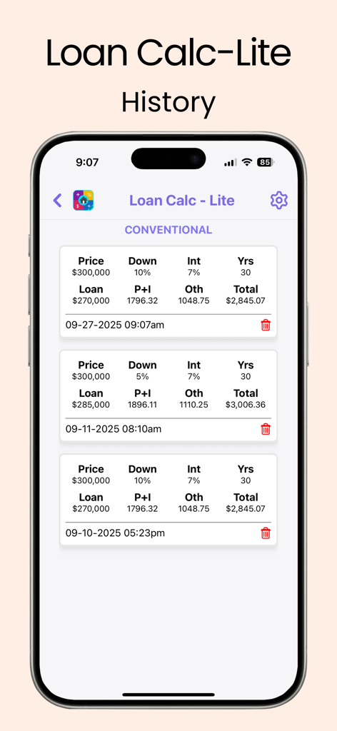 Loan Calc-Lite - Pantalla de historial de Loan Calc-Lite que muestra una lista de cálculos de hipotecas convencionales guardados con desgloses de pagos mensuales