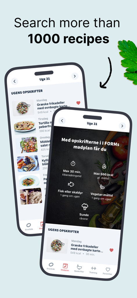 Duas telas de celular do aplicativo IFORM mostrando um plano de refeição semanal e um recurso de busca de receitas com mais de 1.000 opções saudáveis.