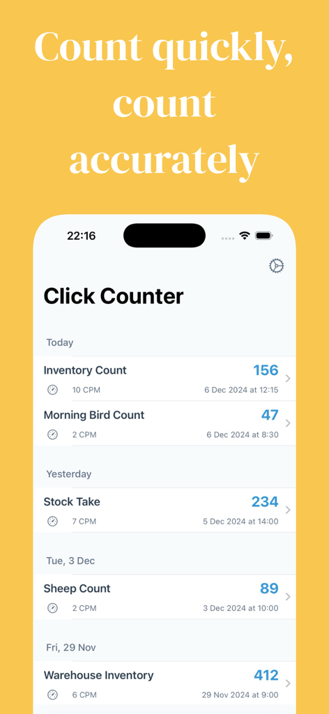 Elenco di varie sessioni di conteggio nell'app TapTap++ inclusi inventario e monitoraggio della fauna selvatica