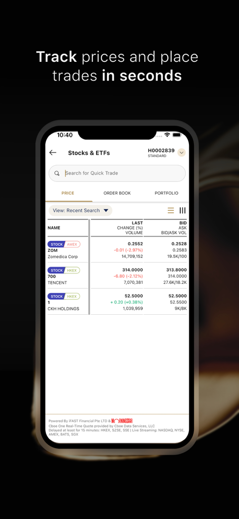 A mobile screen from iFAST HK app displaying live stock prices and ETF trading options