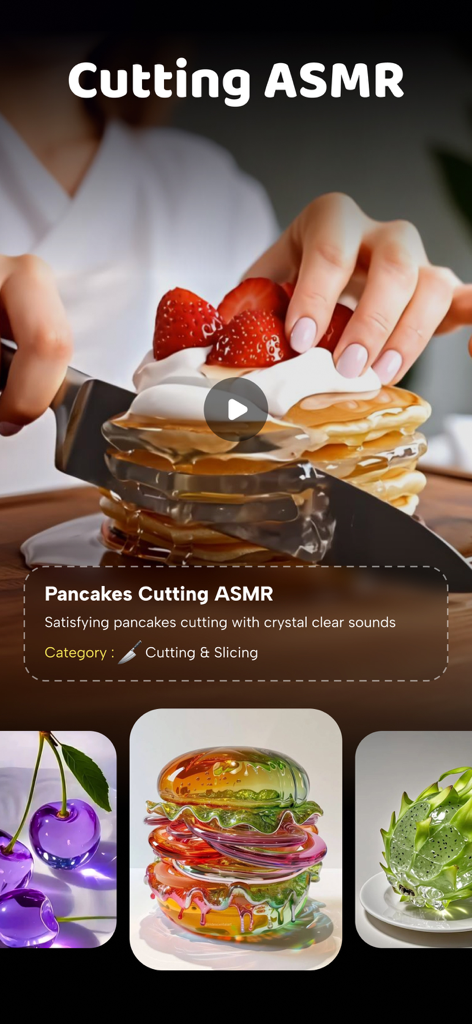 AI ASMR Video Generator: Relax - AI ASMR video generator app interface showing a satisfying video of pancakes being sliced with crystal clear sounds.