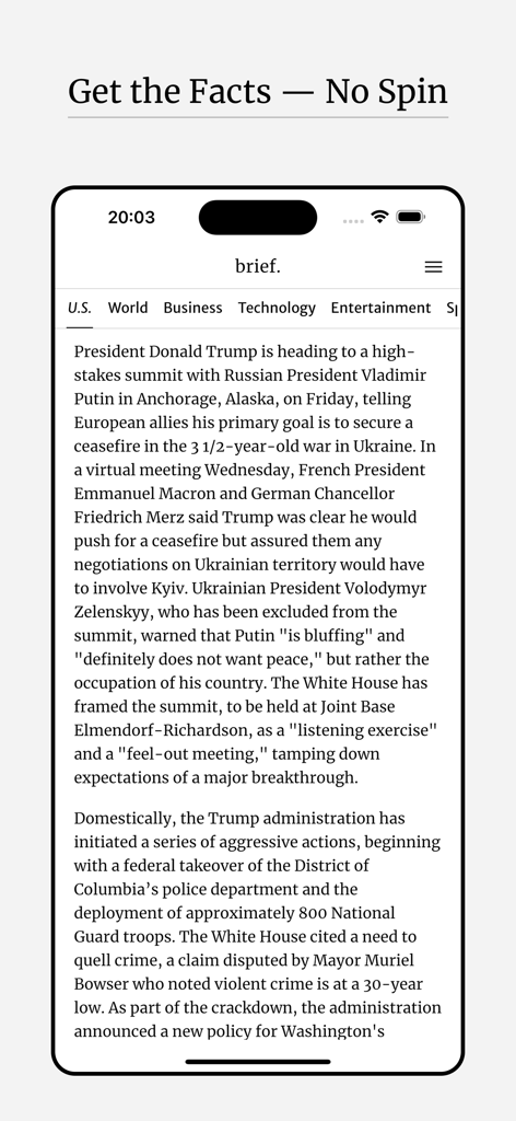 Brief: Daily News Summary - Brief news app screenshot showing a concise and unbiased summary of a current events article