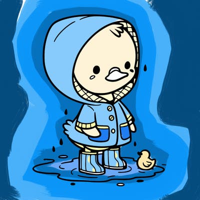 baby duck in a rain coat and boots, in a puddle while it’s raining