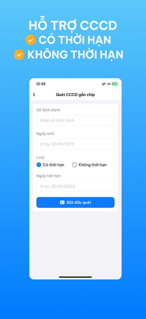 Quét CCCD & Xác thực - Nixtech - 신분증 번호 및 생년월일 필드를 보여주는 베트남 칩 기반 신분증 스캔을 위한 Nixtech 앱 인터페이스