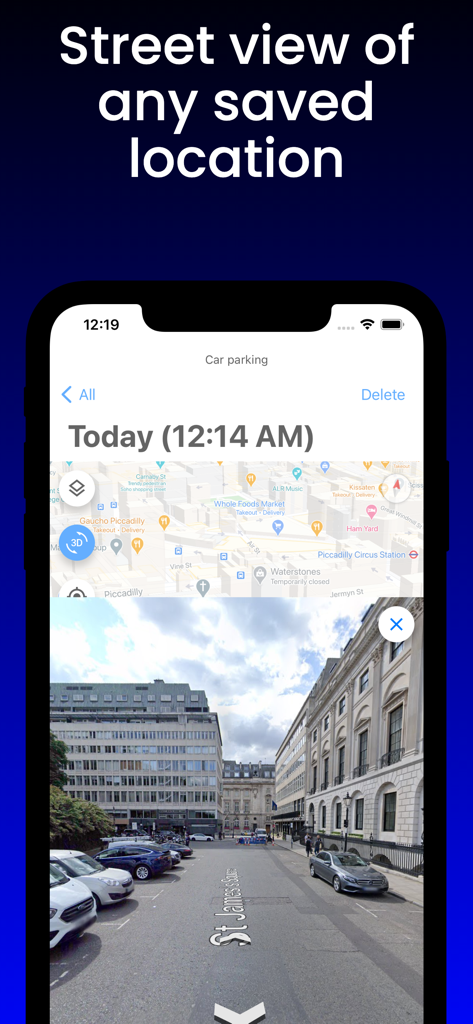Tracker 8 app displaying a street view image of a saved location with a map overlay.
