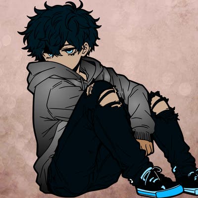 a male hoddie ripped jeans messy hair anime