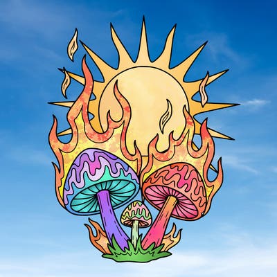 shrooms on fire with a sun