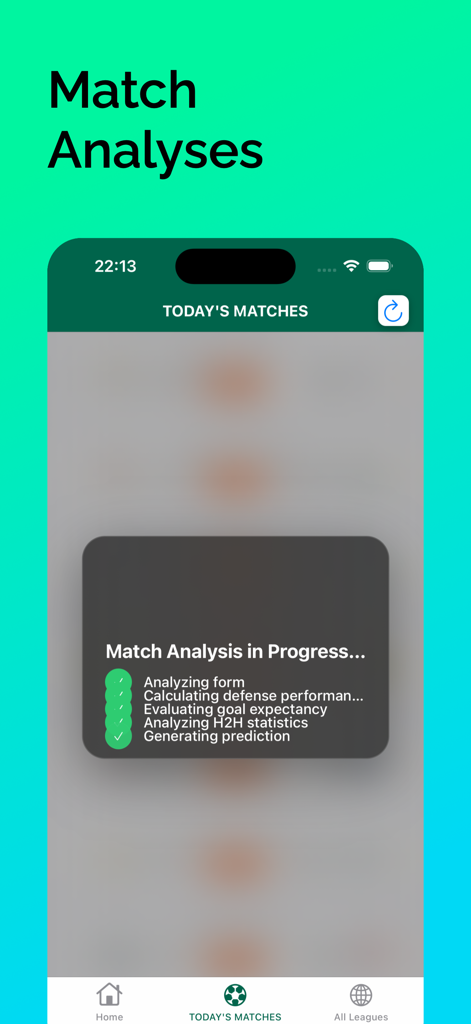 A mobile interface for ZAP showing a match analysis in progress with automated data processing steps.
