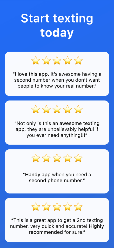 Positive five star user reviews and testimonials for the Second Texting Number app highlighting privacy and safety.