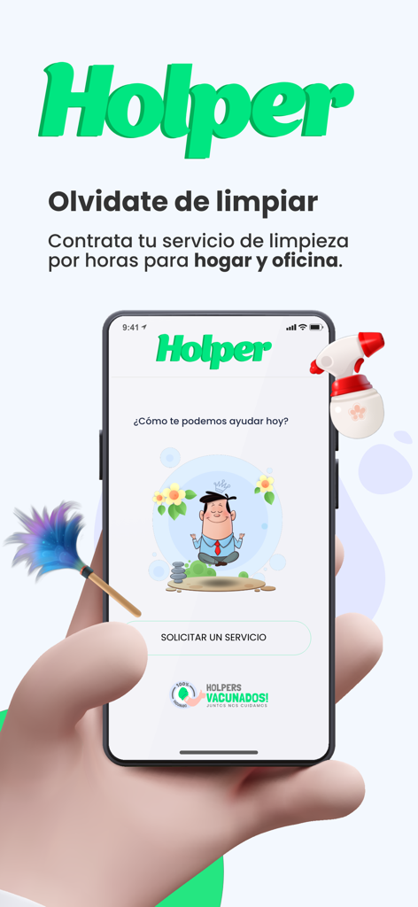 Holper - Clientes - Tela de smartphone exibindo a interface do aplicativo Holper para agendamento de serviços de limpeza residencial e comercial por hora