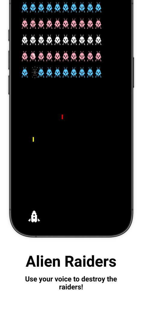 Voice Games - Uma tela do jogo Alien Raiders dentro do aplicativo Voice Games mostrando um foguete atirando em fileiras de alienígenas usando controle de tom de voz.
