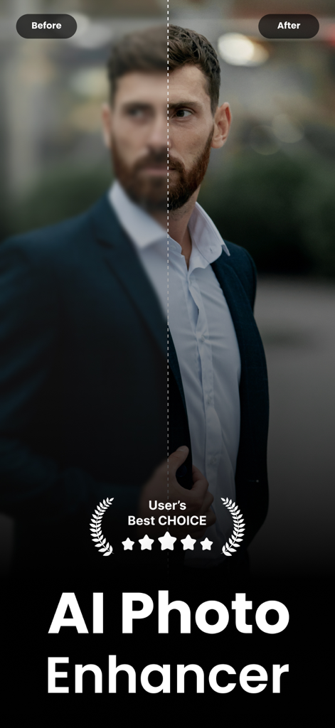 Before and after comparison of a blurry portrait transformed into a sharp high-definition image using AI.