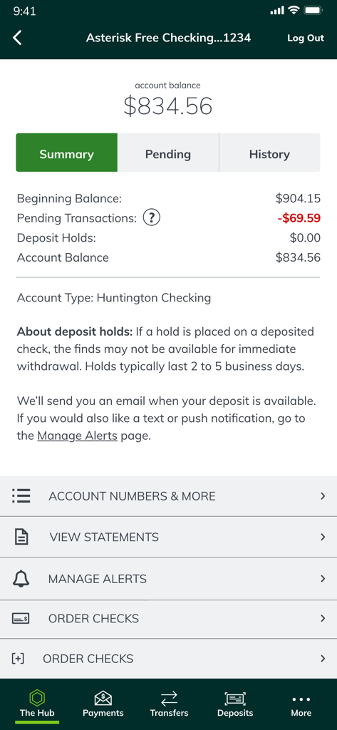 Huntington Mobile Banking - Huntington Mobile Banking app screen showing account balance and checking account summary