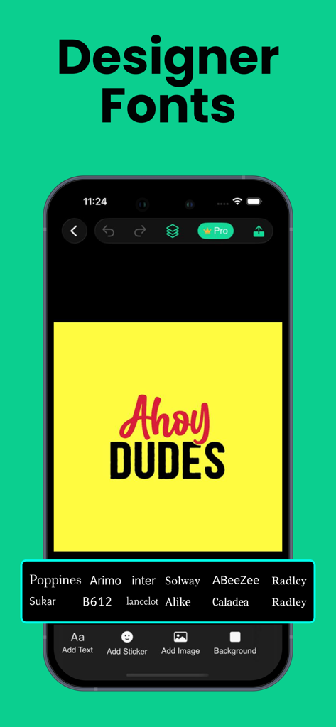 Craft Me: Sublimation Designer - Mobile screen showing professional font options for custom sublimation design projects