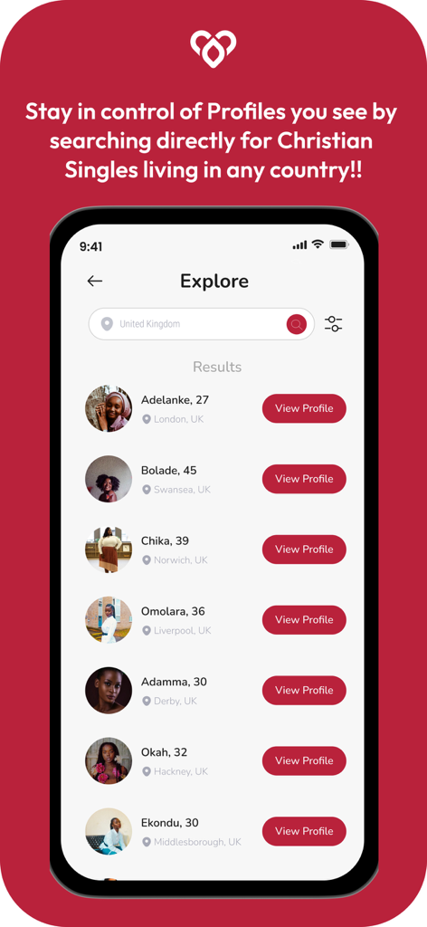 The explore screen of the Nexus app showing search results for Christian singles.