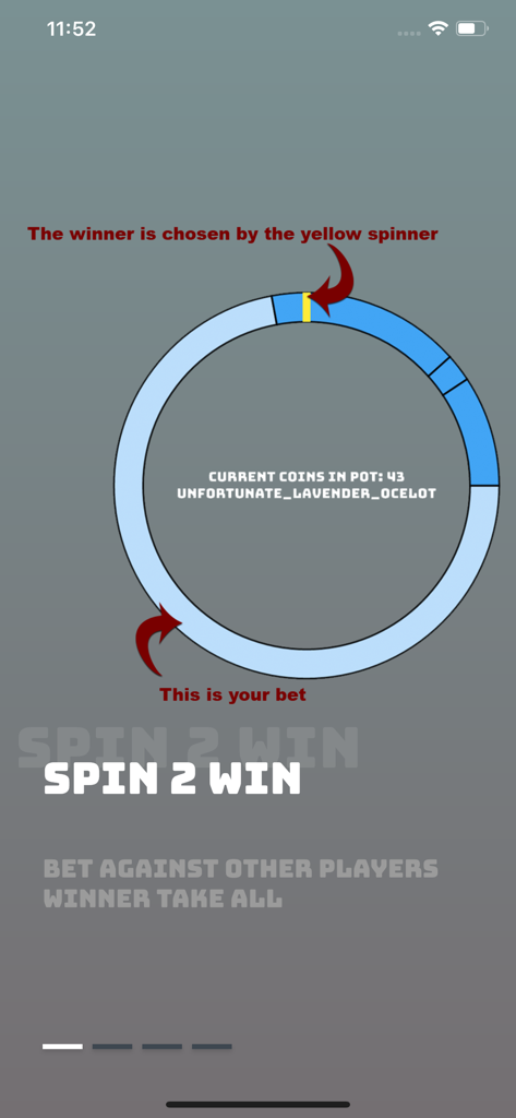 Spin 2 Win - Social Gambling - 게임 스피너와 현재 코인 팟을 보여주는 Spin 2 Win 소셜 도박 앱 화면