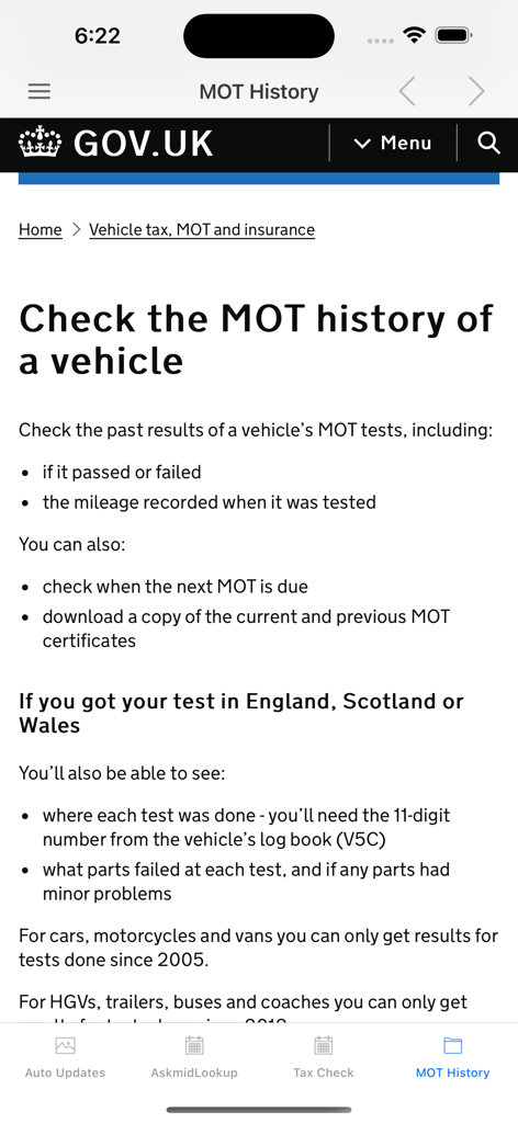 Una pantalla de la aplicación MOT Check UK que muestra la página oficial de verificación del historial del vehículo GOV UK