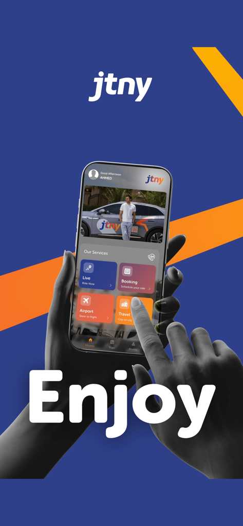 JTNY - Tela de smartphone mostrando os serviços do aplicativo JTNY para transporte de veículos elétricos de luxo.