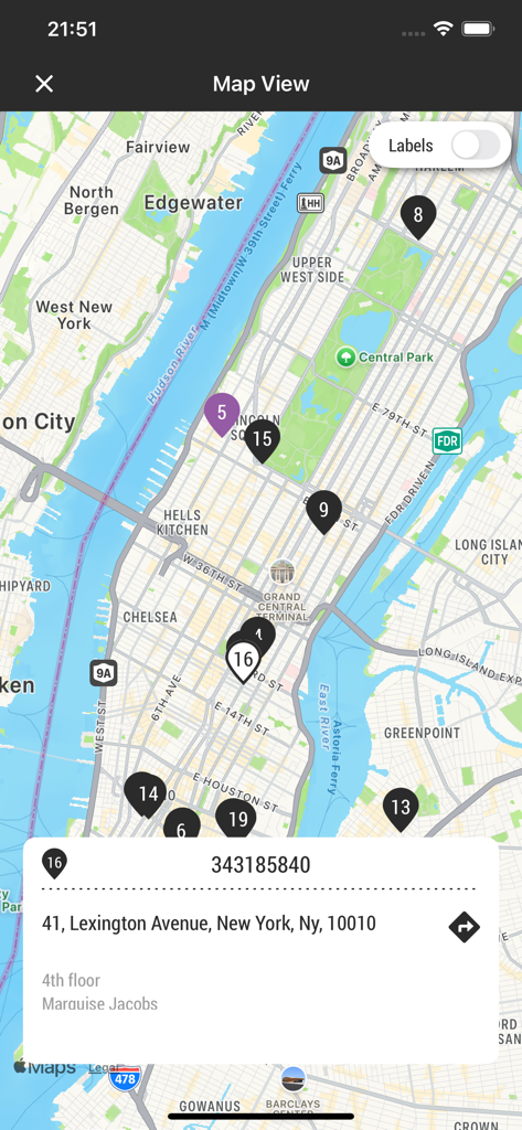 Bringg Driver App - Map view in the Bringg Driver App showing delivery pins and address details in New York City