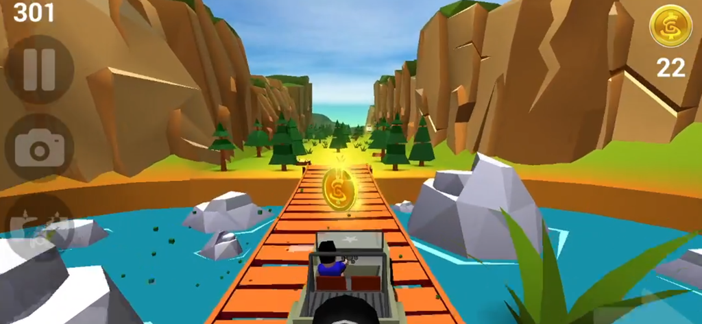 Faily Brakes Classic - Faily Brakes Classic gameplay showing a car driving across a wooden bridge over a blue river in a low-poly landscape