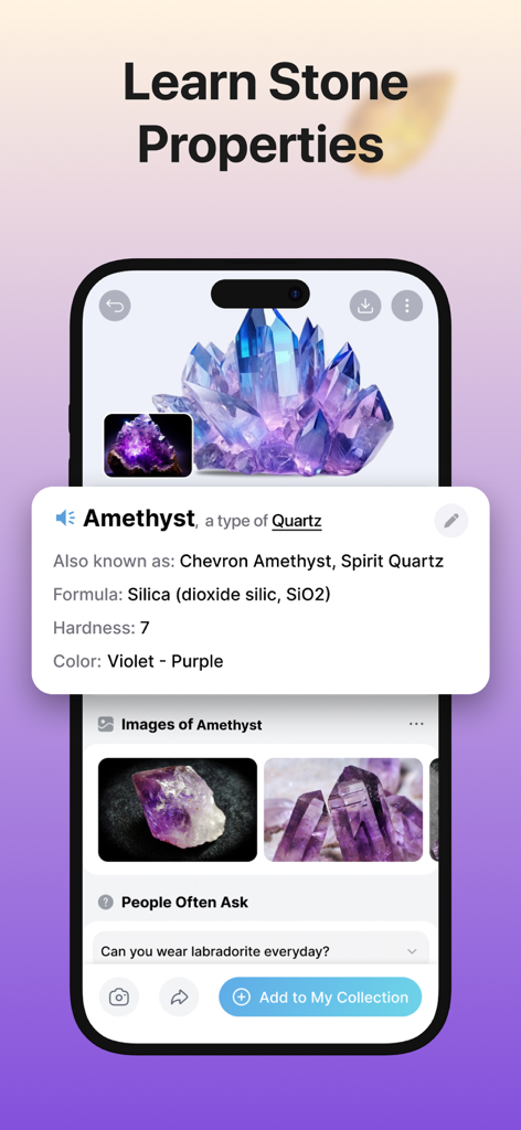 Mobile screen showing detailed properties and images of an Amethyst crystal in the Stone Identifier app