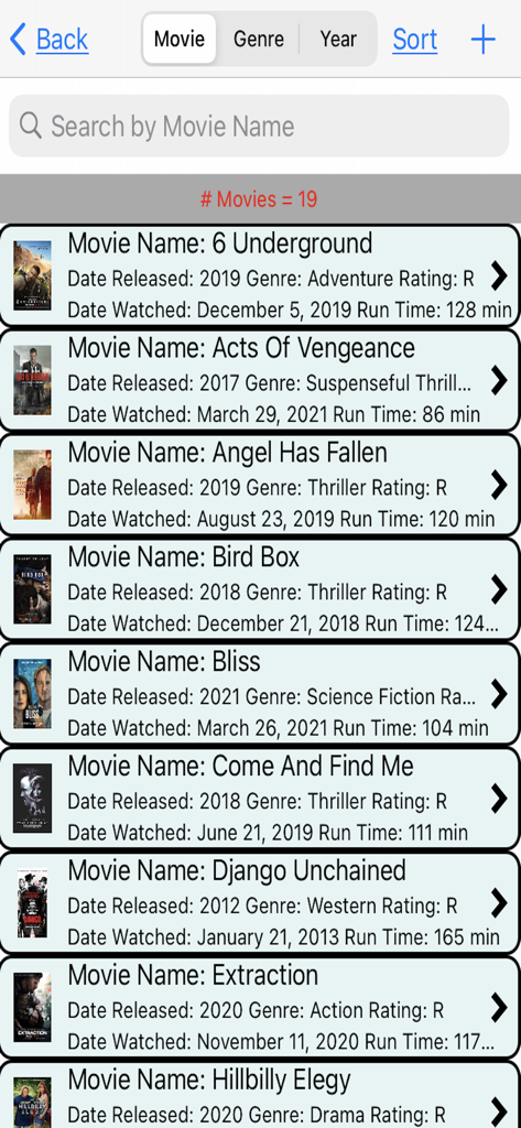 A list of watched movies with titles and dates in the Movies I Have Watched app