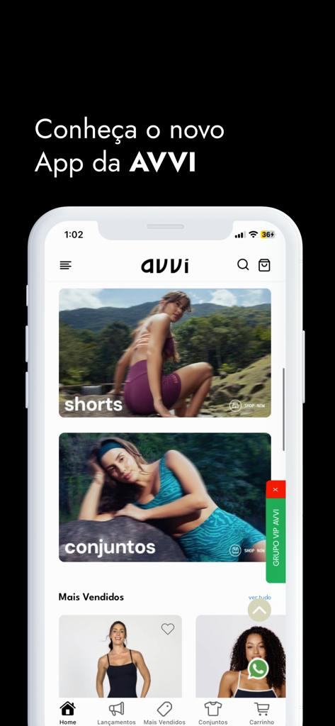 Captura de tela da tela inicial do aplicativo de moda fitness AVVI mostrando categorias de produtos como shorts e conjuntos.