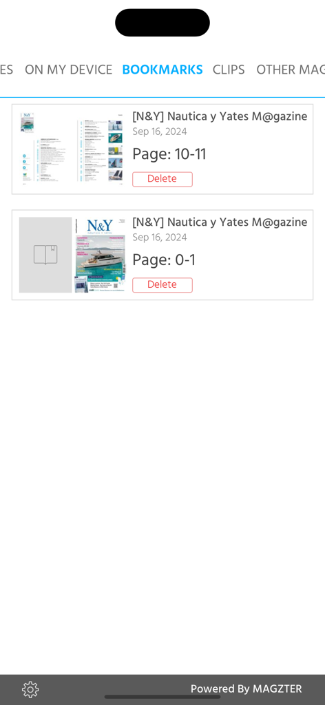 [N&Y] Nautica y Yates M@gazine - Interfaz de la aplicación de la revista Nautica y Yates que muestra páginas marcadas de artículos sobre yates y contenido marítimo.
