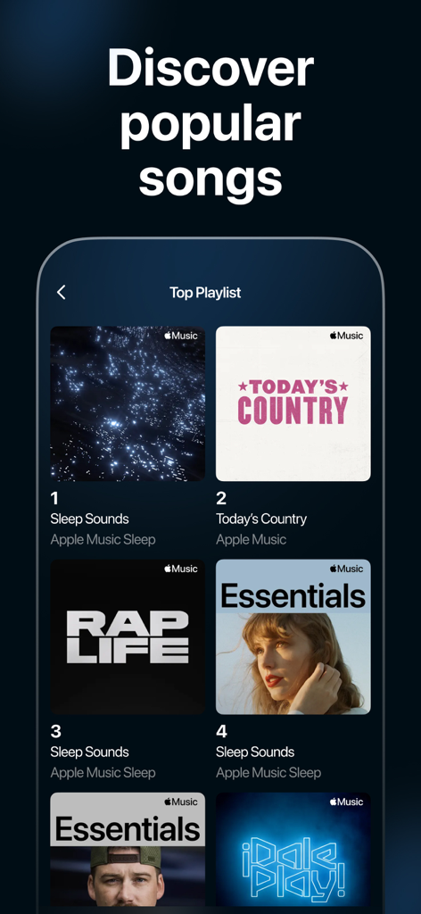 Music Finder: Song Recognition - Interfaz de la aplicación Music Finder que muestra las listas de reproducción populares de Apple Music