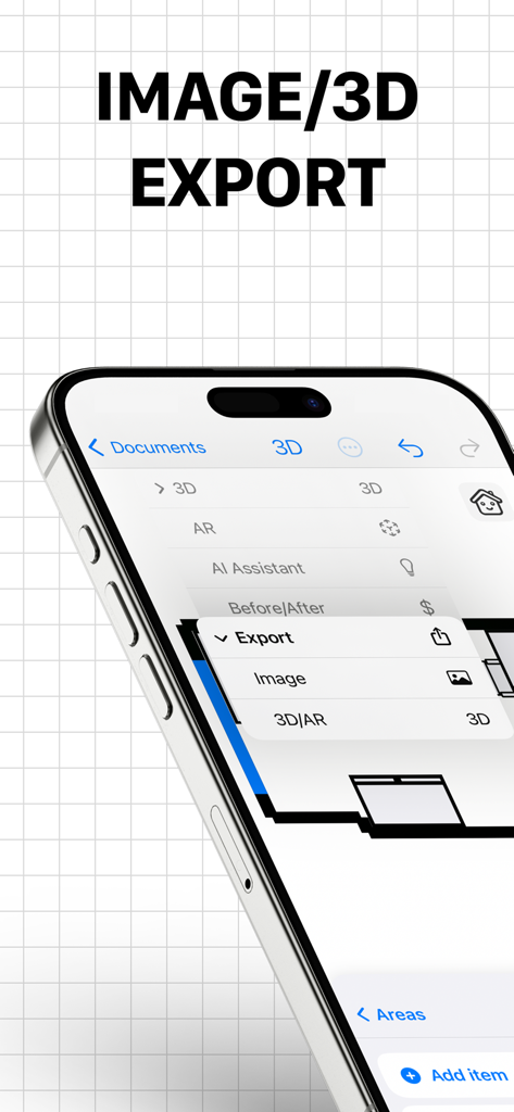 Tela do iPhone exibindo opções de exportação 3D e RA para plantas baixas no aplicativo CamPlan